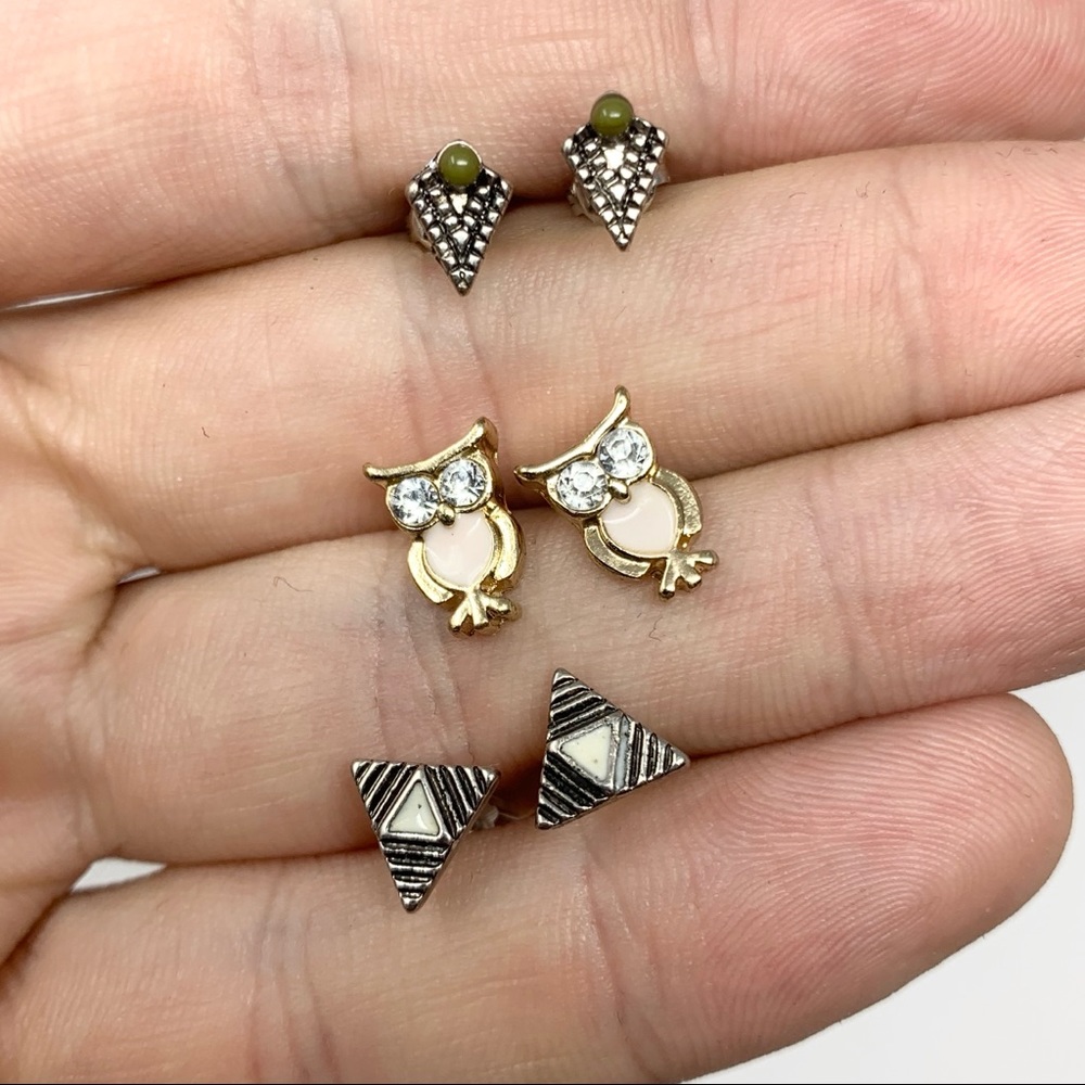 3 Pairs of Stud Earrings Owl / Triangle - Picture 6 of 6
